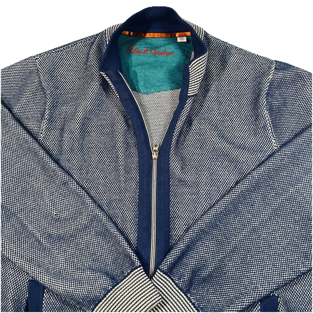 Robert Graham Mens Stefan Full Zip Wool Blend Knit Sweater Blue Sz XXL EUC